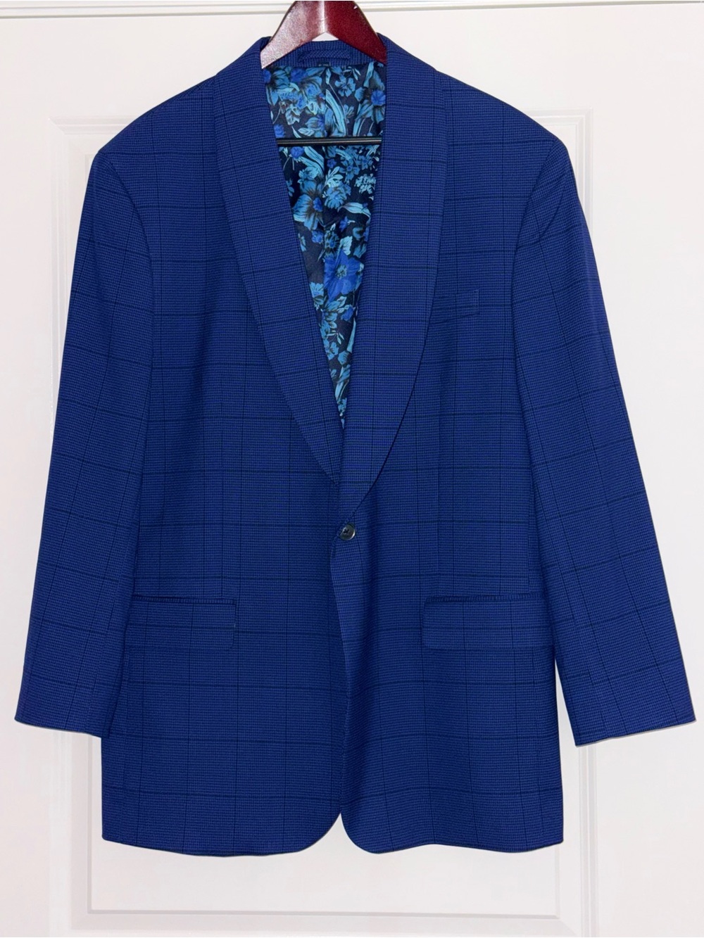 Jos. A. Bank Men’s 46L Blue Windowpane Sport Coat Floral Lining Stretch Blazer